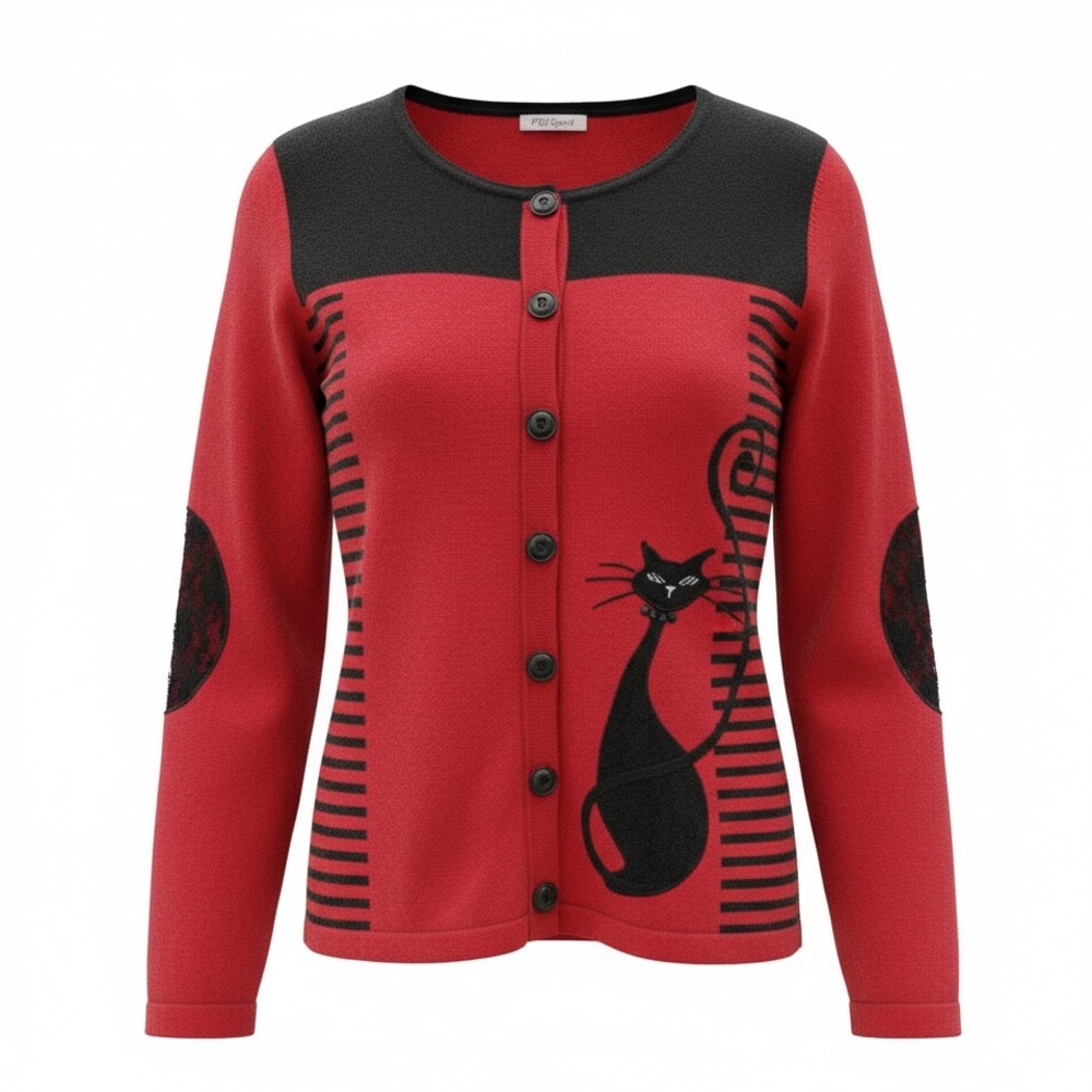 PMJ Sport retro sweater with cat design, sized L, but no size or material label